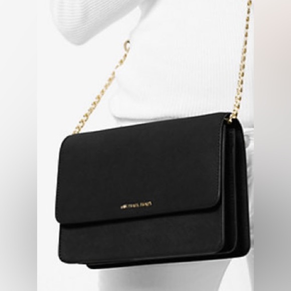 Michael Kors Gusset Leather Crossbody Bag - Black/Gold - Picture 2 of 13